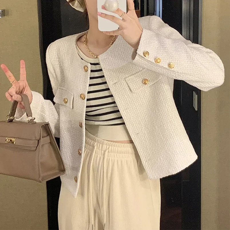 Cropped Tweed Jacket Women Vintage Aesthetic Korean Fashion Harajuku Chic-Elegant Jackets Autumn Winter Cardigan Coat 250109
