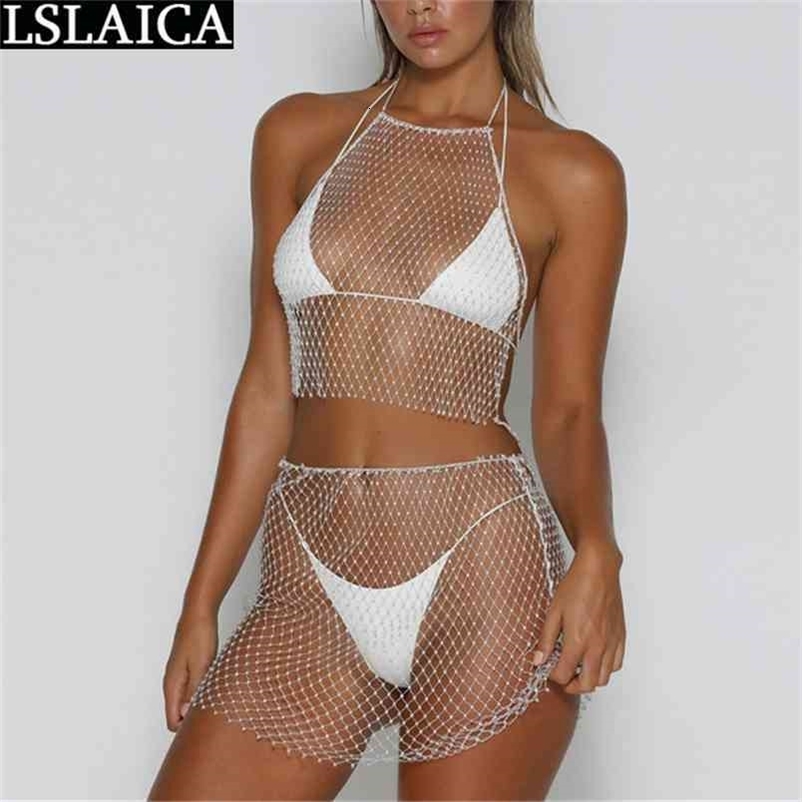 Fashion Net Short Skirt Sexy Bright Diamond Fishing Perspective Beach Night Club Party Simple Half and Tops Set 210515