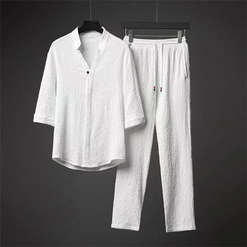 Summer Linen Suits Traditional Clothing Men Solid Tai Chi Uniform Retro V-neck Short Sleeve Shirt And Pants Two Piece Set 240530