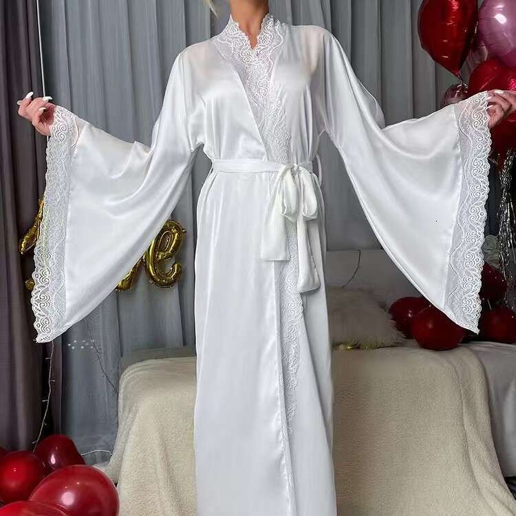 New Satin Nightgown Lace Light Luxury Long Sleeve Cool Nightdress Bathrobe Homewear for Women 7777