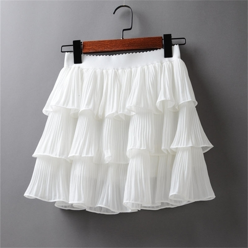 Summer Women Elasticity Waist Mini Skirt Ladies Chiffon Skirt Ladies Casual Cake Skirts Black White Femme Pleated Skirts 220701
