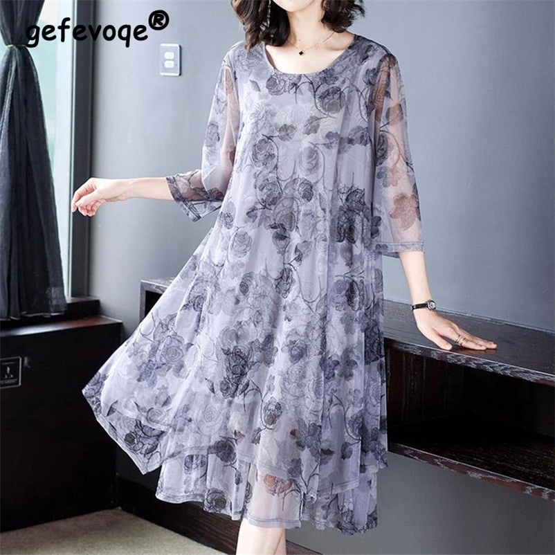 Casual Dresses Elegant Fashion Floral Printing Dresses Summer Three Quarter Sleeve Round Neck Loose Pullover Midi Dress Women Clothing 230316