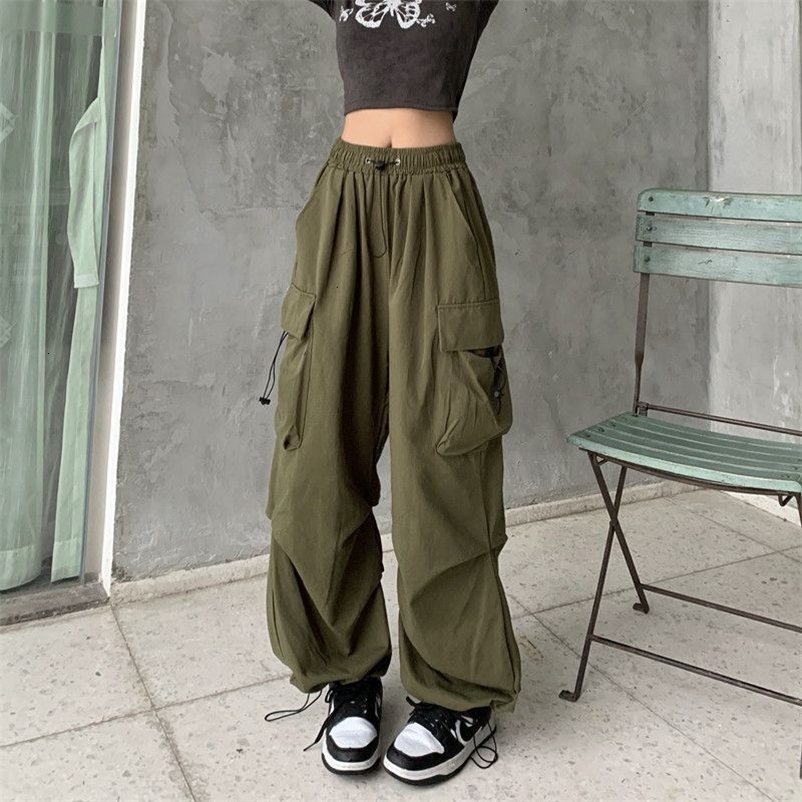 Women's Pants Capris Y2K Trousers Women Cargo Pants Straight Wide Leg Drawstring Oversize Pockets Kpop High Waisted Breathable Solid Color Sweatp
