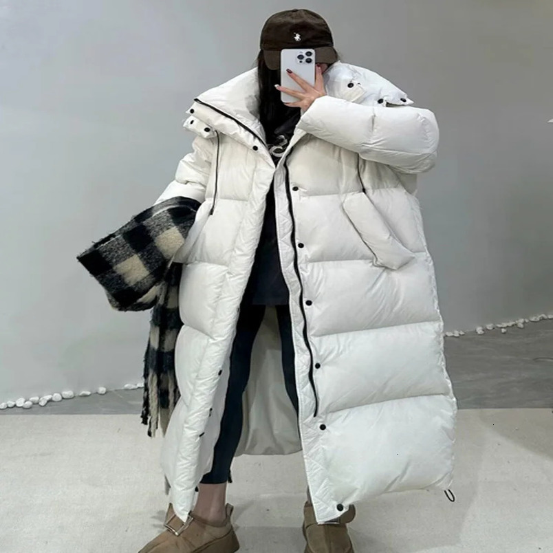 Janveny womens down jacket Korean loose hooded thick warm long duck down jacket winter inflatable jacket suitable for womens park jacket 241108