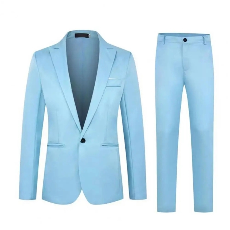 2Pcs/Set Men Spring Autumn Solid Color Business Suit Lapel Long Sleeve Pockets Single Button Blazer Slim Fit Long Pants Set 240518