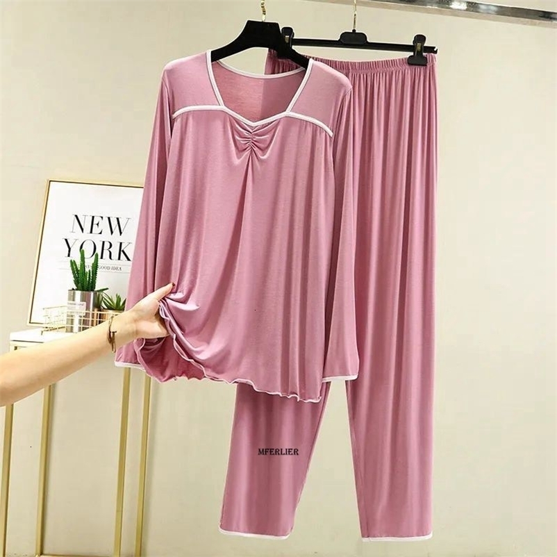 Women's Sleepwear Large Size 4XL 150KG Autumn Women Sleepwear Set V Neck Long Sleeve Pajamas Set Women Long Sleeve Top and Pants Casual Home Wear
