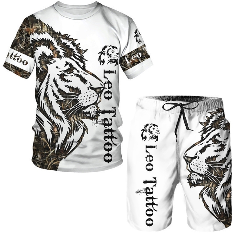 Men's Tracksuits Summer men's animal tattoo white short sleeved T-shirt lion 3D printed O-neck T-shirt and shorts set casual sportswear 2304