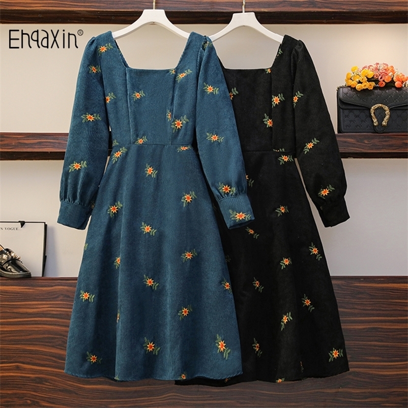 Basic Casual Dresses EHQAXIN Retro Corduroy Dress Autumn Womens Vintage Square Collar Puff Long Sleeve High Waist Floral Embroidery Midi Dresses 23051