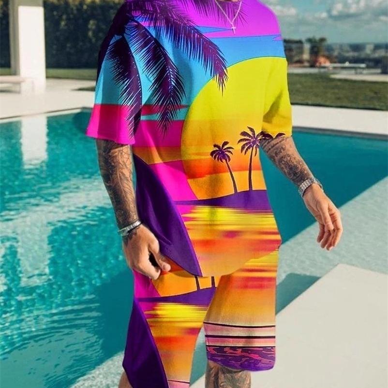 Men's Tracksuits Summer men's set 3D beach coconut tree T-shirt men's sportswear casual short sleeved T-shirtshorts 2 piece men's 