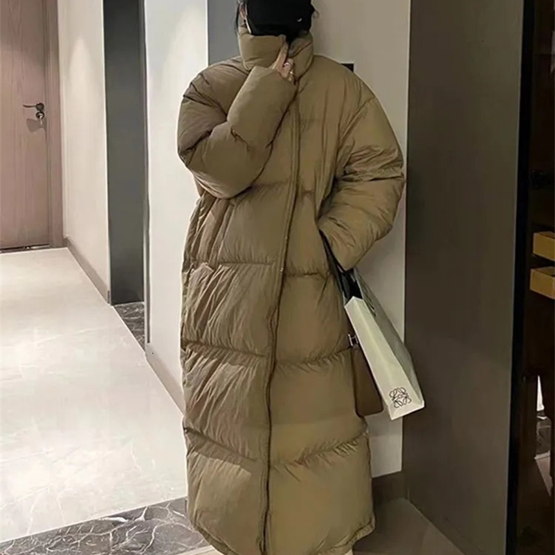 Women's Down Parkas Korean Thick Solid Long Jacket Woman Turn-down Collar Coat Loose Long Sleeve Winter Female Zipper Warm Casual Warm Clothes 23