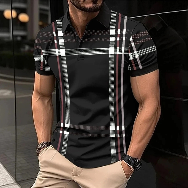 Summer Men Polo Shirt Plaid Printed Business Casual Simple Lapel Button Shirts Oversized Short Sleeve Outfits Fashion Tops 240828