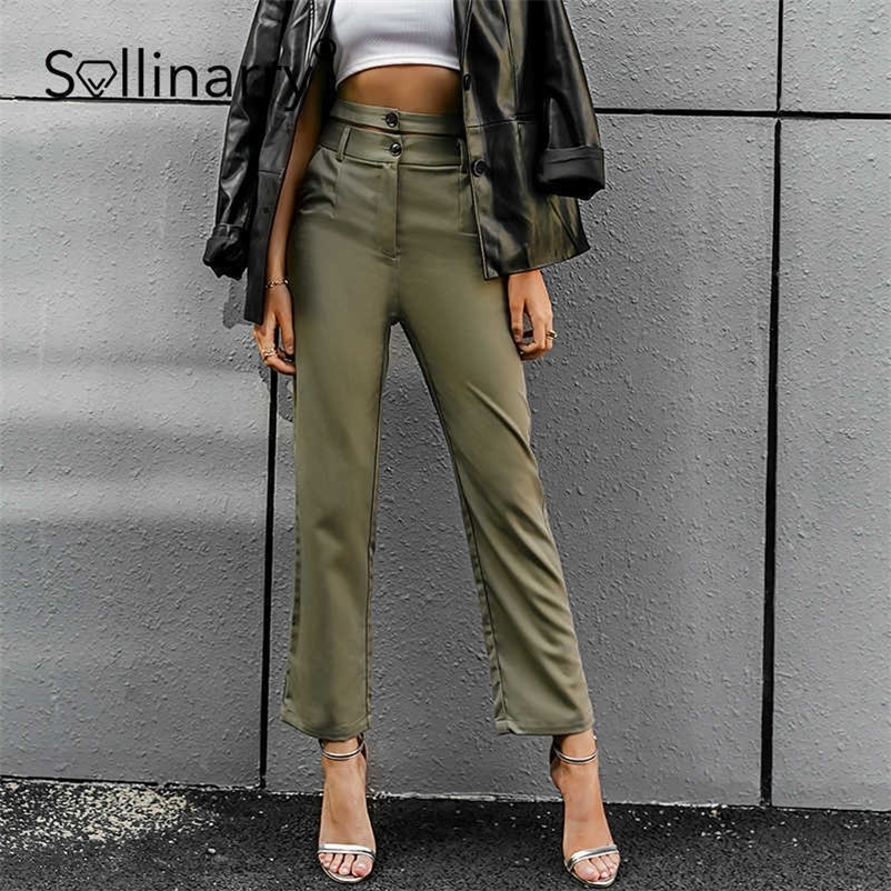 Sollinarry Fashion double waistband hem pants women Retro green loose straight trouser High waist slim leisure summer capris 210709