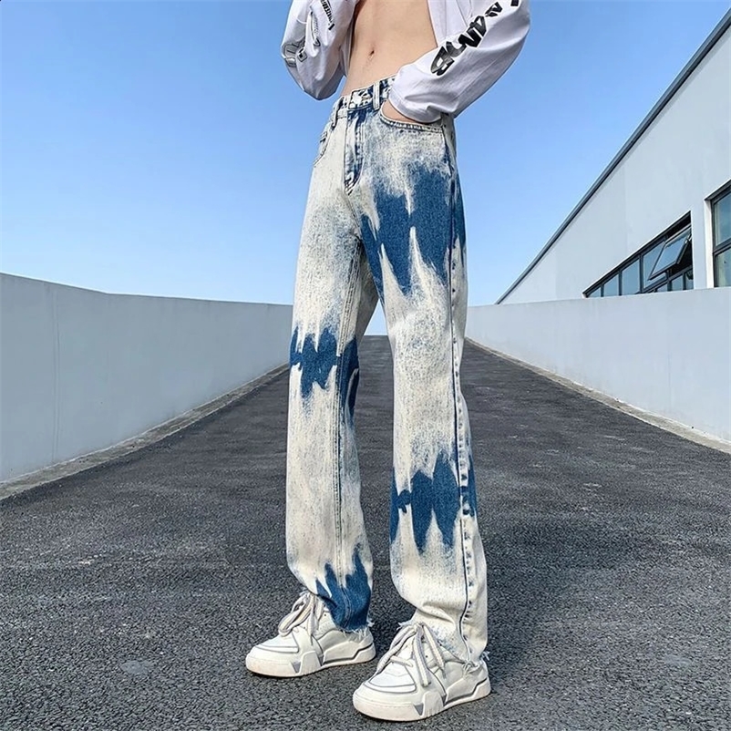 Black Trousers Straight Hip Hop Rock Jeans For Men Punk Youthful Emo Tie Dye Aesthetic Man Cowboy Pants Fashion Korean 240912
