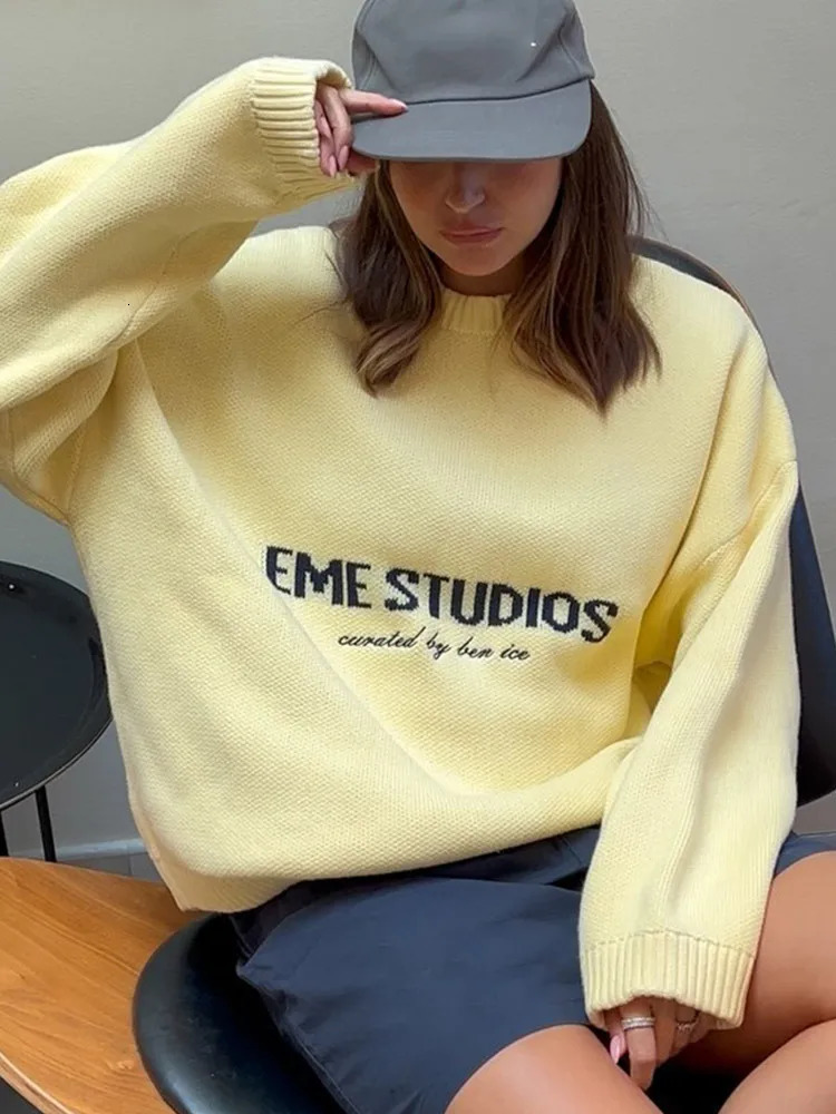 Women Yellow Letter Sweater Round Neck Long Sleeve Loose Knitted Tops Female Elegant Casual Street Autumn Holiday Sweaters 250924