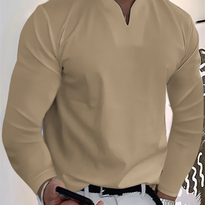 Men's T-Shirts Spring Autumn Long Sleeve Slim Fit T-shirt Men's Casual Day T-shirt Men's V-neck Solid Fashion Drawn T-shirt Top 230403