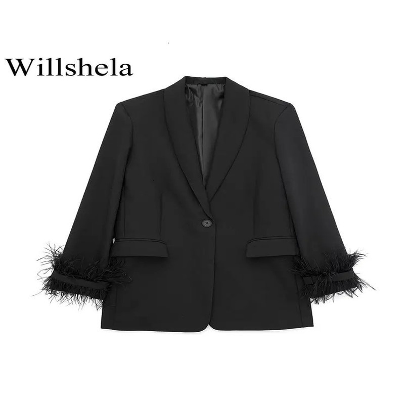 Willshela Women Fashion Satin Black With Feather Blazer Jacket Vintage Notched Neck Single Button Long Sleeves Female Outfits 240318