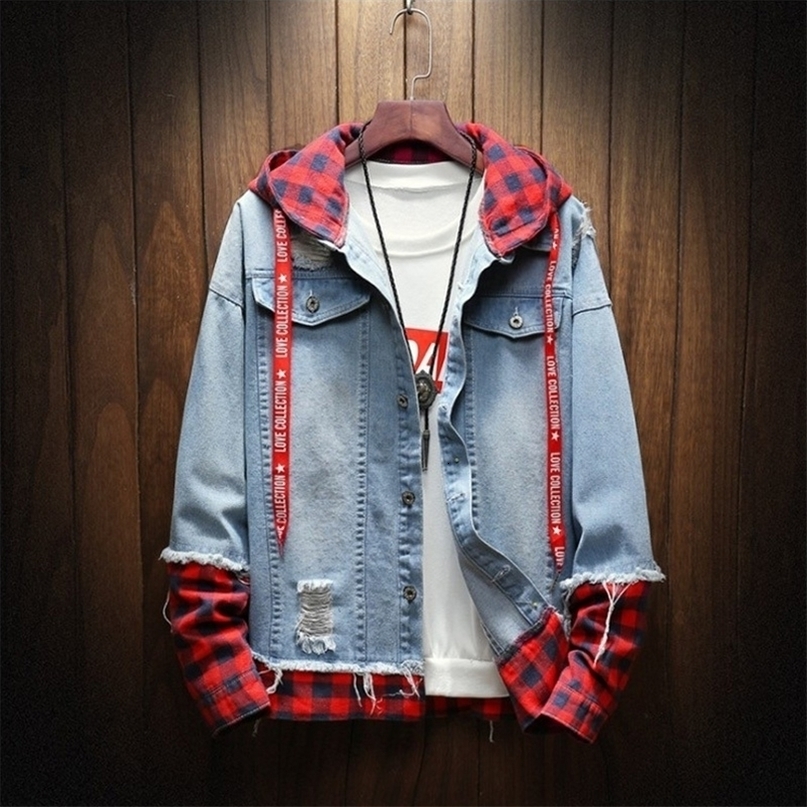 2020 Spring Autumn Fashion Jacket For Men Plaid Stripe Spliced Ripped Denim Jacket Men Youth Streetwear Hip Hop Jacket Hooded T200502