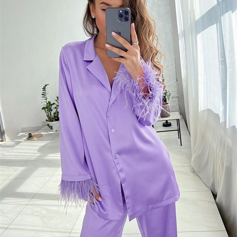 Women's Sleepwear Hiloc Feathers Satin Pajamas For Women Sets Lapel Splicing Sleepwear Women's Suit Single-Breasted Nightwear Winter Fashion