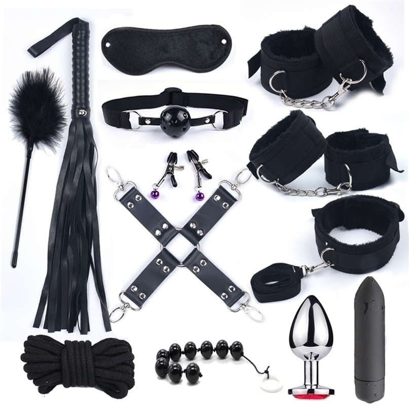 Bdsm 10 Speeds Vibrator Bondage Set Metal Sex Toys for Women Men Handcuffs Nipple Clamps Whip Spanking Rope 220330