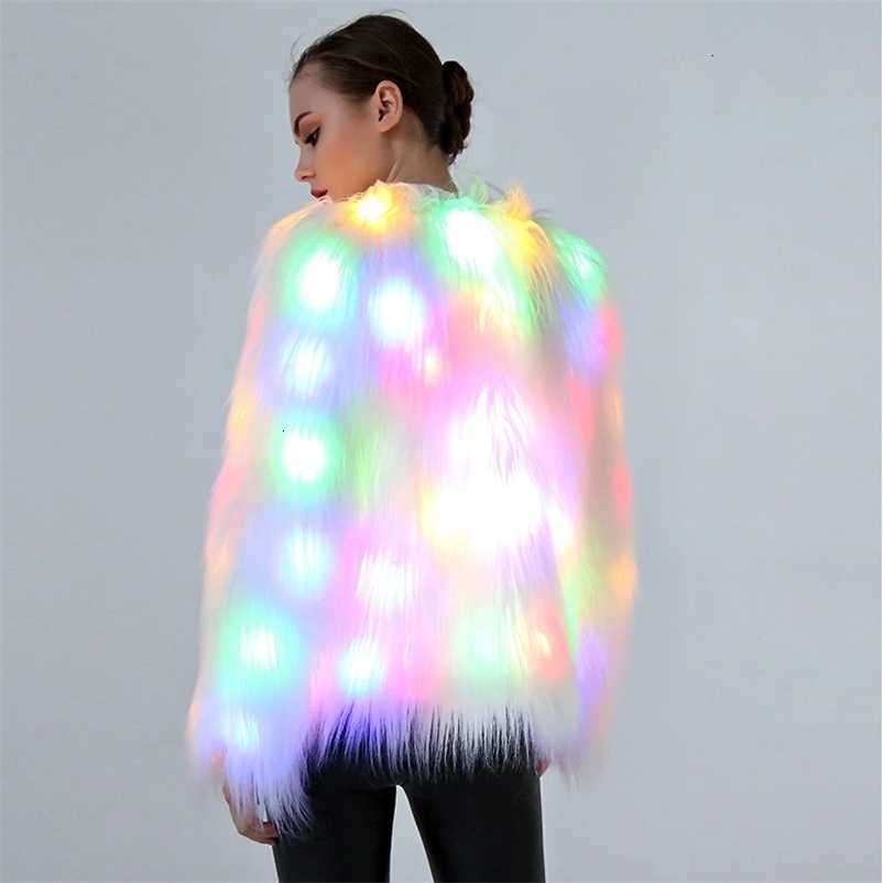 Women Faux Fur LED Light Coat Christmas Costumes Cosplay Fluffy Fur Jacket Outwear Winter Warm Festival Party Club Overcoat 240117