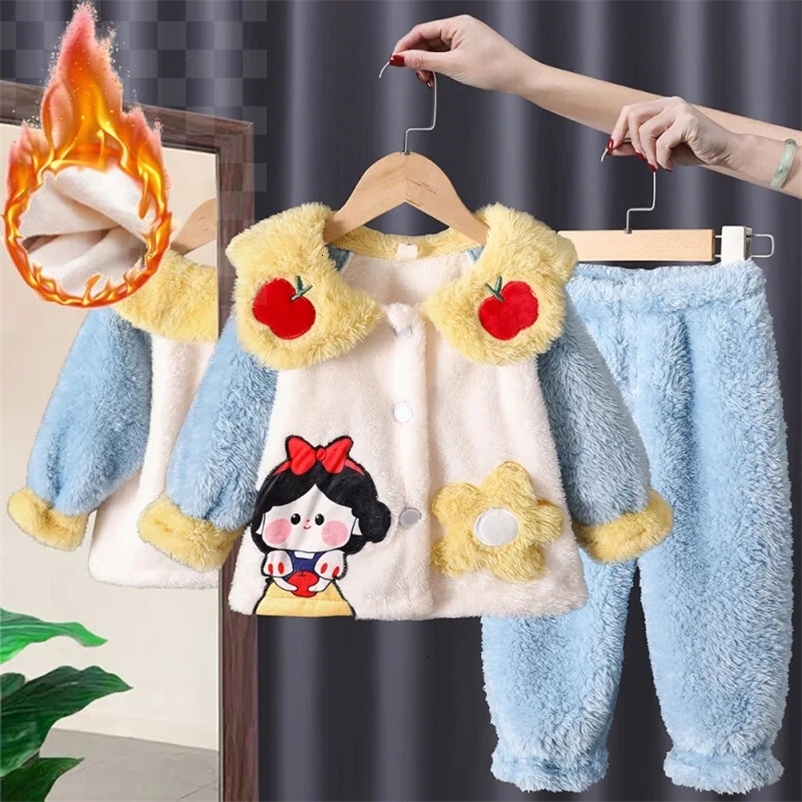 2024 Autumn Winter Kids Girls 2PCS Sleepwear Set Coral Velvet Cartoon Long Sleeve Coat Pants Sleepsuit Children Girls Pajamas 250211bj
