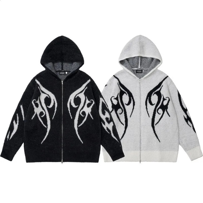 Mens Vintage Knitwear Y2K Graphic Sweaters Winter Zipper Oversized Cardigan Sweater Unisex Aesthetic 2000s Clothes For Teens 240912