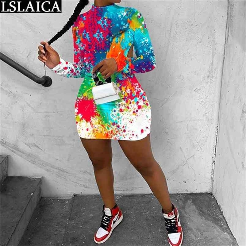 Sexy Bodycon Long Sleeve Dress Women Autumn Tie Dye Print Stand Collar Female Party Mini Plus Size Club Vestido De Mujer 210515