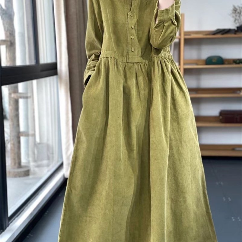 Basic Casual Dresses Arrival Stand Collar Corduroy Vintage Autumn Winter Dress Office Lady Outwear Work Dress Women Spring Casual Midi Dress 230519