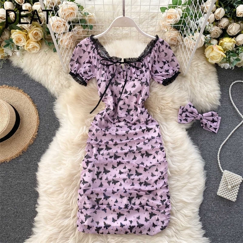 DEAT Women printing lace Dress square collar Short sleeve Arrivals Lady Sexy Fashion Spring Summer 11D242 210709