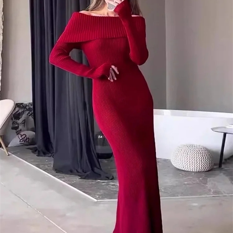 Tossy Fashion Knitted Long Dress with Loose Shoulders High Waist Elegant Autumn Party Dress Womens Knitted Maxi Dress 241125