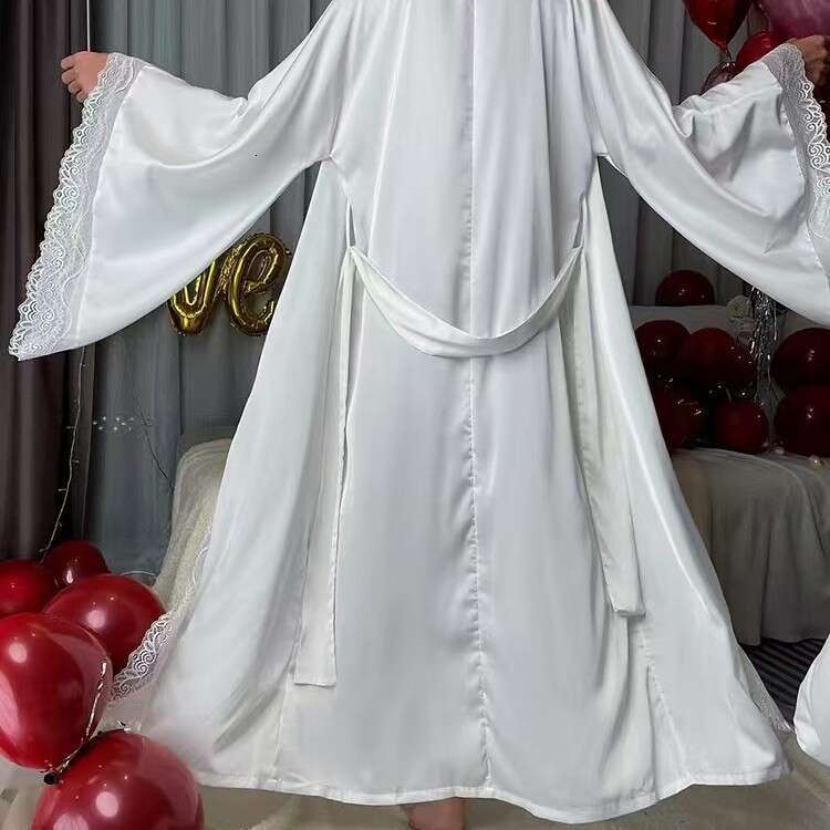 New Satin Nightgown Lace Light Luxury Long Sleeve Cool Nightdress Bathrobe Homewear for Women 7777