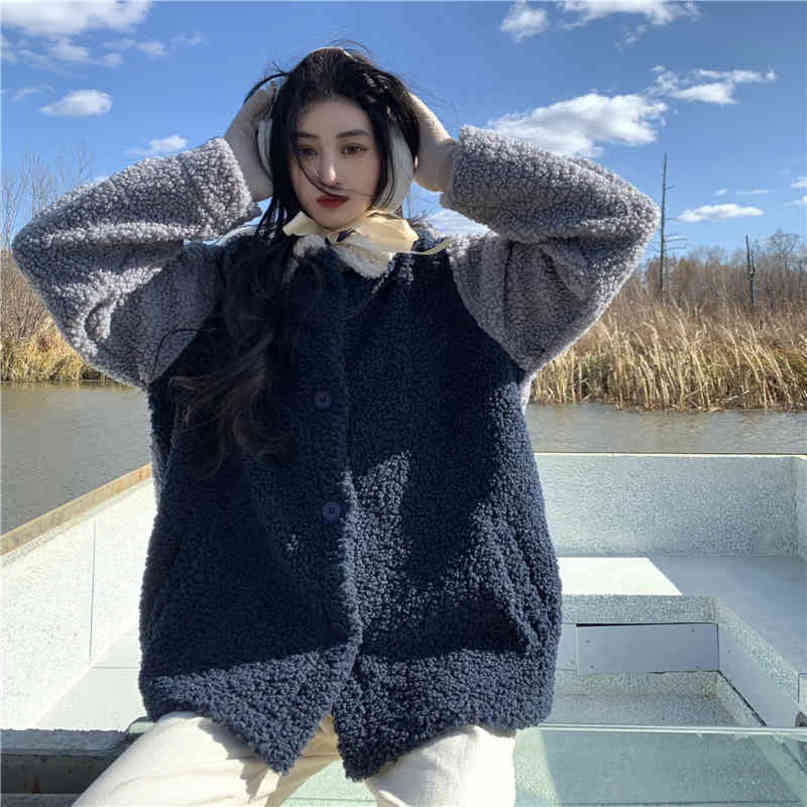 autumn and winter korean style turn down collar vintage lamb wool warm coats and jackets womens cotton coats (C2955) 210423