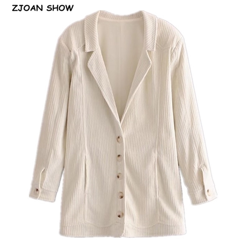 Autumn Corduroy Mid Long Blazer Beige Vintage Women Notched sleeve Single-breasted button Suit Casual Coat Outwear 210429
