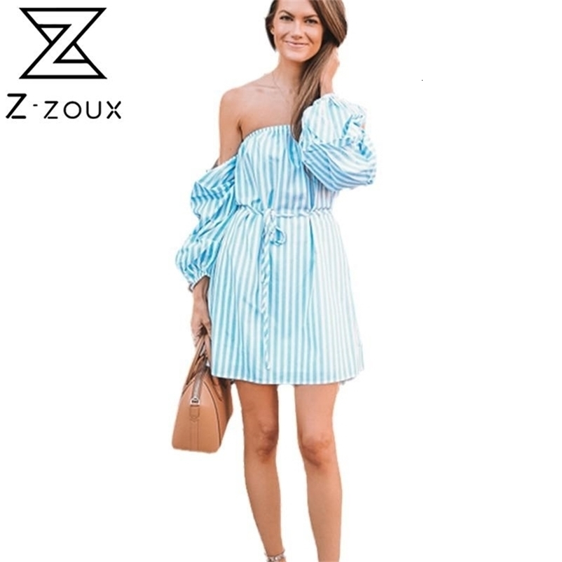 Women Dress Striped Slash Neck Off Shoulder Mini Lace Up Loose Sexy es Plus Size Bohemian es Summer 210513