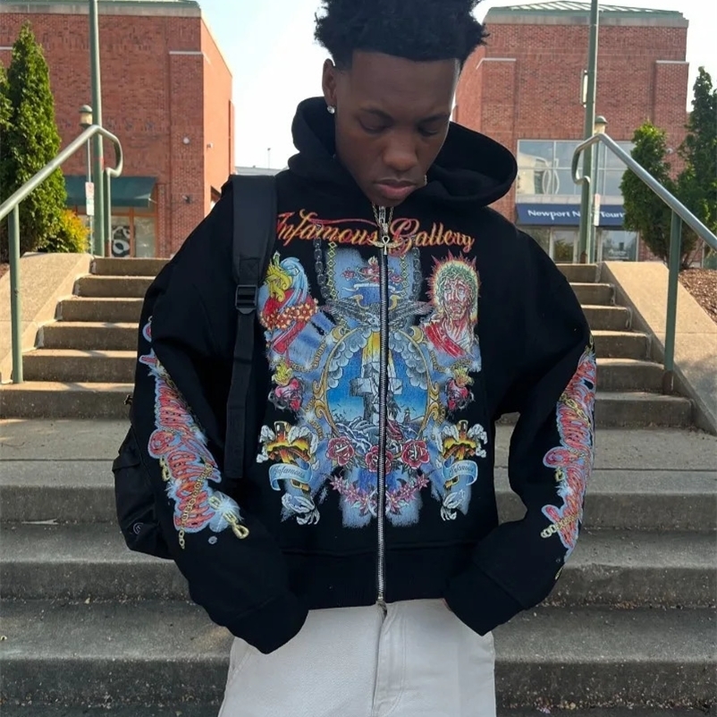 Trend retro loose hoodie Oversized printed personality zipper hoodie Men punk Hip hop Harajuku Streetwear oversized sweatshirt 240911