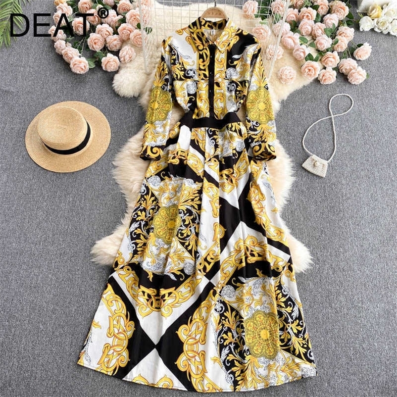 DEAT Women Printing Dress Lapel Long Sleeve Arrivals Lady Temperament Fashion Spring Autumn 11D2005 210709