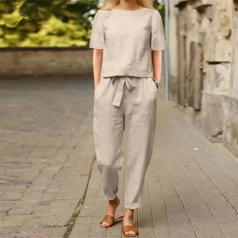 Womens Pullover Shirt And Pants Two-piece Set Womens Cotton And Linen Summer Suit Short Sleeved O-neck Outfit Pants 250207