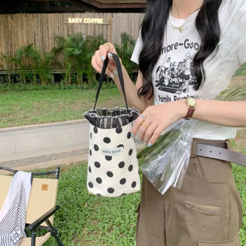 Fashion Small HandBags Women Mini Portable Canvas Dot Barrel Shaped Bag For Girls Casual Ladies Cosmetic Storage Hasp Pouch 240802