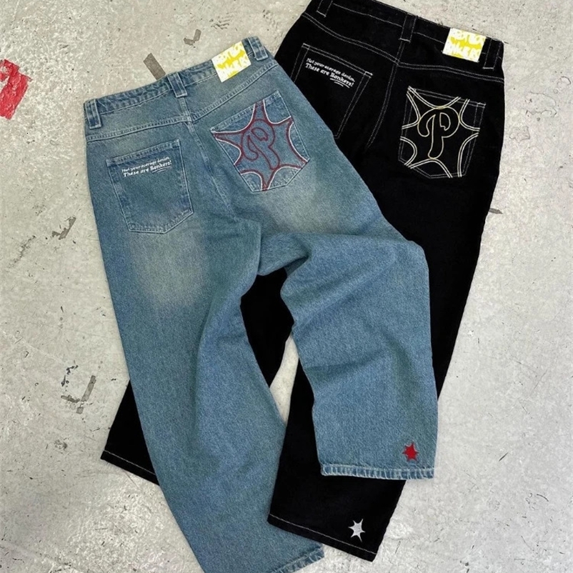 Baggy Casual Wide Leg Jeans Men Street Retro Hip Hop Print Jeans Trend Fashion Black High-waist Jean Y2k Men Clothing 240814
