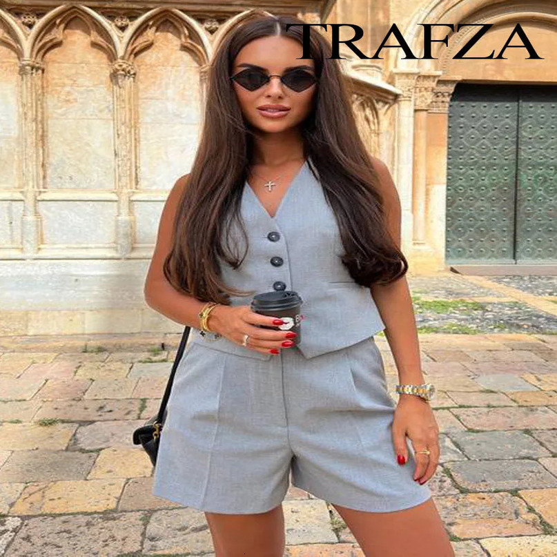 TRAFZA Womens Fashion Suits Solid Color VNeck Sleeveless Pockets Single Breasted VestsHigh Waist Decorate Short Pants 240423