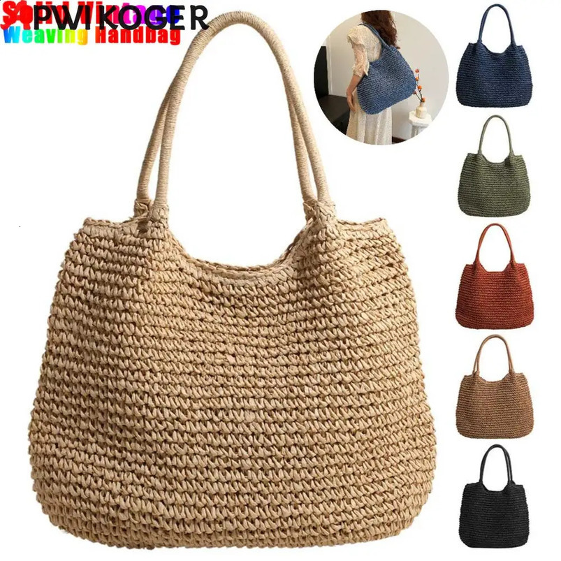 Womens crochet beach handbag large capacity retro straw bag solid color simple woven womens summer 240830