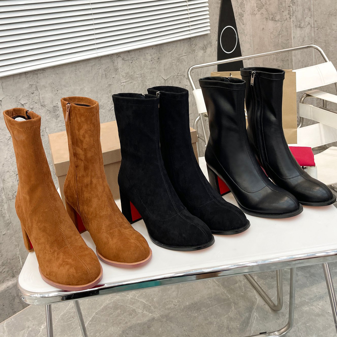 boots designer womens brand heels Boots women dress shoes Red Shiny BottomBoots Toe High Heels Genuine Leather Side zipper Classic Fashion Boots With Box