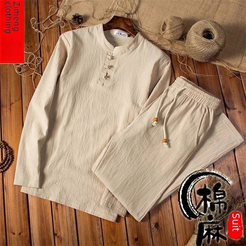 Loose-fit Vintage Casual Cotton Linen Suit For Men Chinese Style Long Sleeve T-shirt Two-piece Set 1976 240530