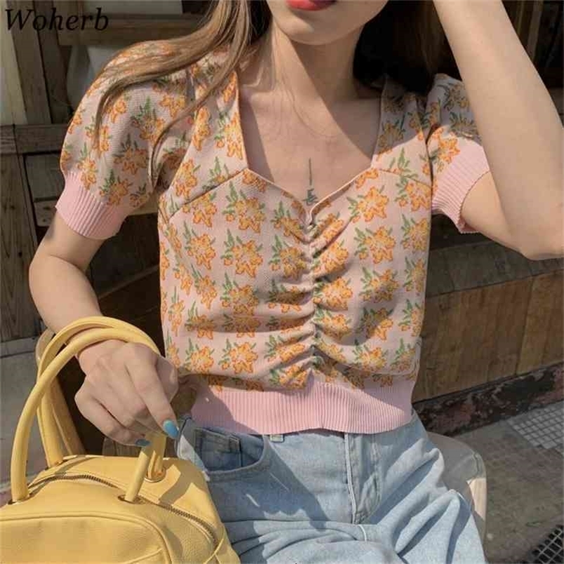 Stretch Knit Jacquard Crop Top Korean Square Neck Sweet Pullover T Shirt Fresh Temperament Drawstring Short Thin Jumper 210519