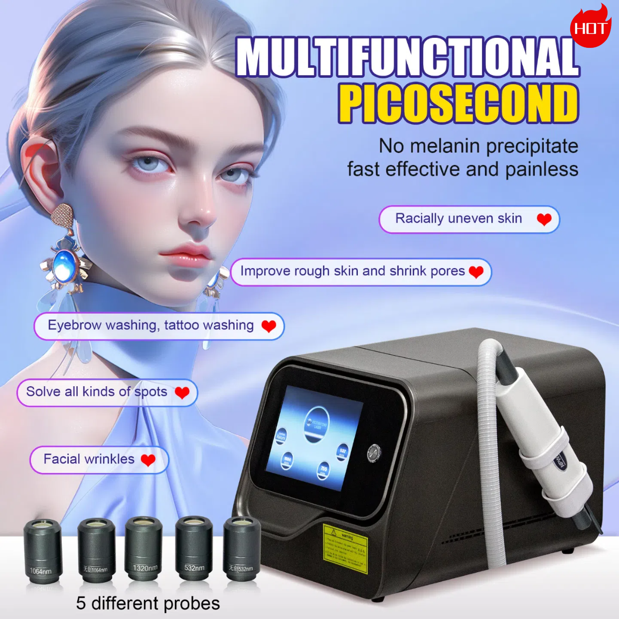 Hot Selling 1064 755 1320 Picosecond Laser Non-invasive Pigment tattoo Removal Machine Carbon hollywood peel Skin Rejuvenation