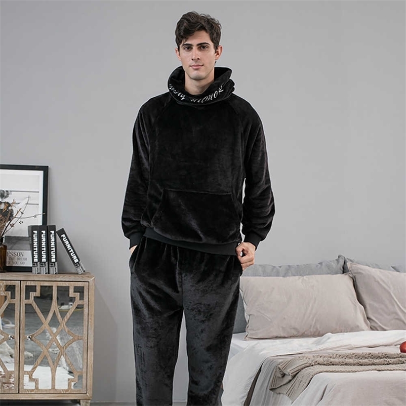 Men's Warm Hooded Pajamas Winter Flannel Pajama Sets Loose Male Lounge Set Plus Size Fashion Letter Embroidery Pijama Sleepwear 211014