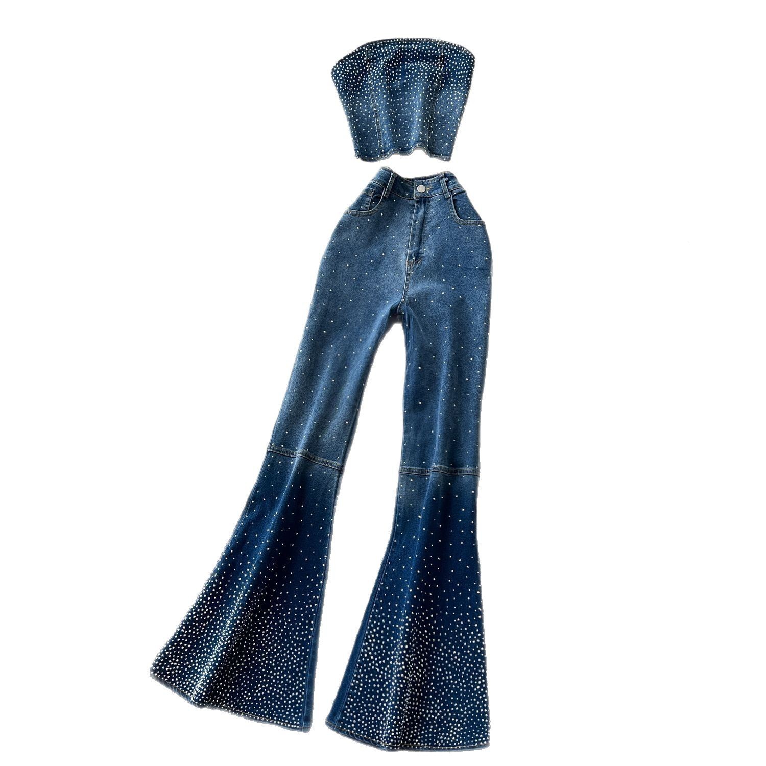 Fashion Rhinestone Denim Set for Women Summer Sleeveless Tube Top Vest High Waist Flared Denim Pants 250421