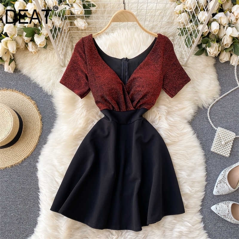 DEAT Summer Arrivals Solid Color Short Sleeve V-neck Bra Waist Slim Patchwork Temperament Sexy Dress MZ688 210709