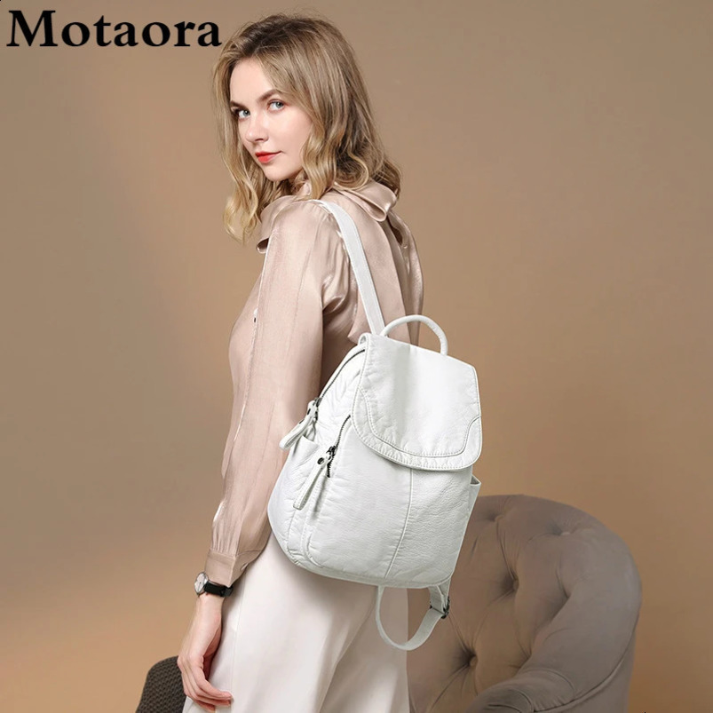Motaora Womens Backpack White Washed Leather Female Small School Bags For Teenage Girls Allmatch Casual Travel Bag 240724