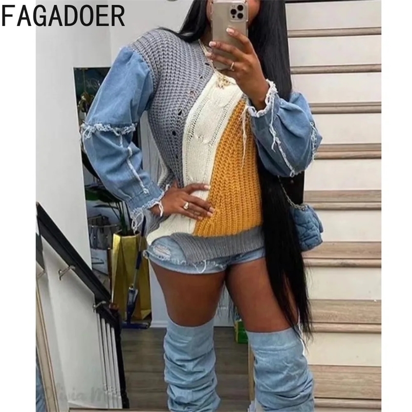 FAGADOER Autumn Knitted Sweater Splicing Denim Pulling Flower Womens Round Neck Long Sleeve Loose Top Womens Street Clothing 241025